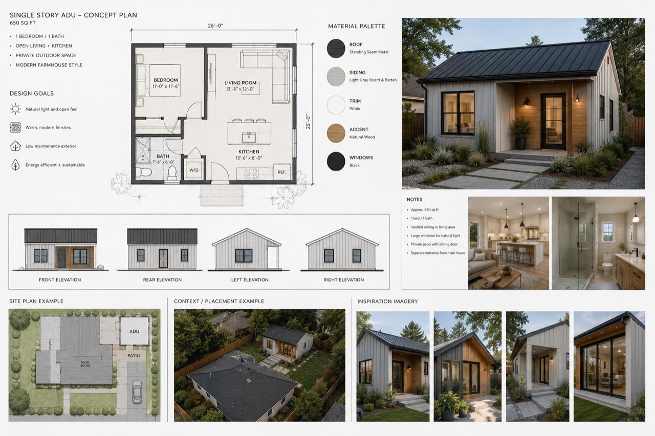 ADU concept plan and material palette