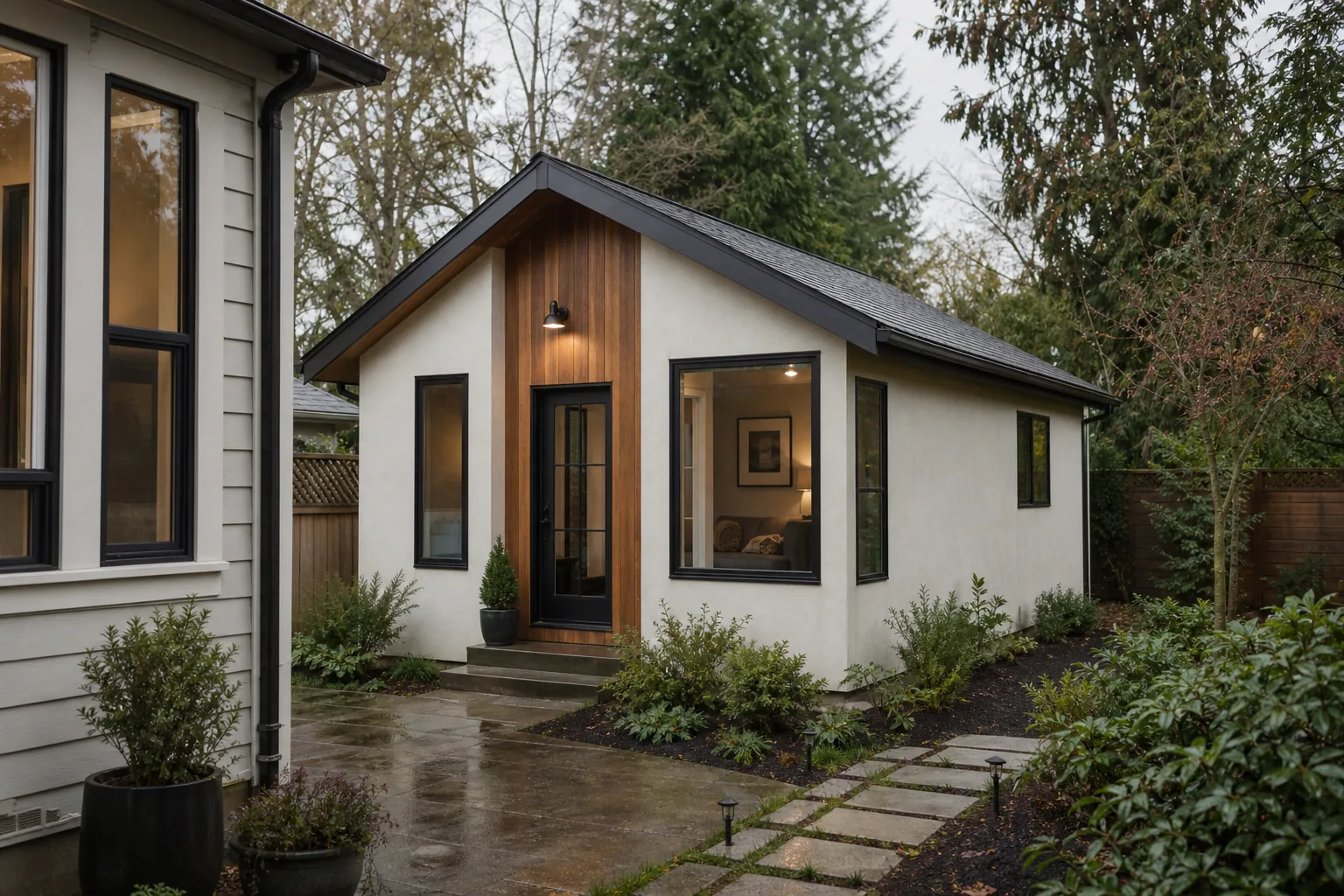 Backyard accessory dwelling unit inspiration with warm wood accents, black windows, and Pacific Northwest landscaping.
