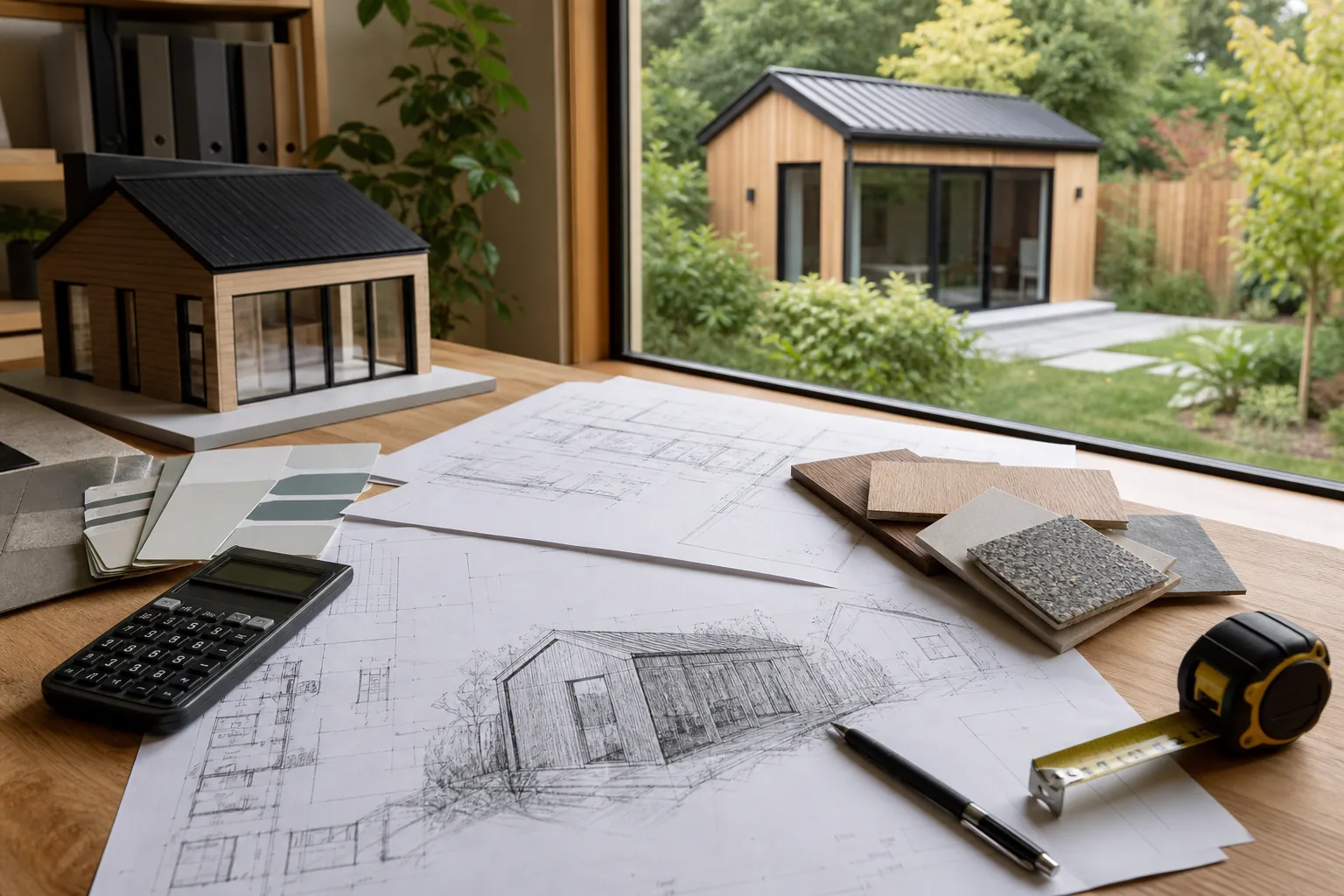 ADU cost planning inspiration with drawings, model, calculator, material samples, and a backyard unit outside.
