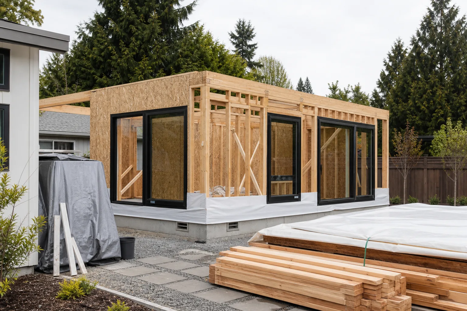 Detached ADU construction inspiration with framing, windows, lumber, and organized jobsite materials.
