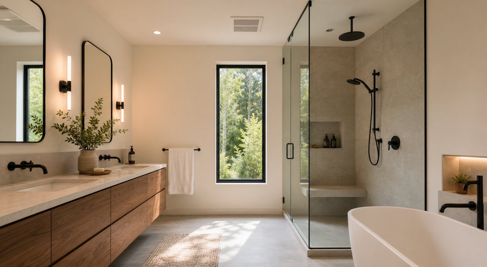 Modern primary bathroom remodel inspiration with walnut vanity, stone tile shower, black fixtures, ventilation, and natural light.