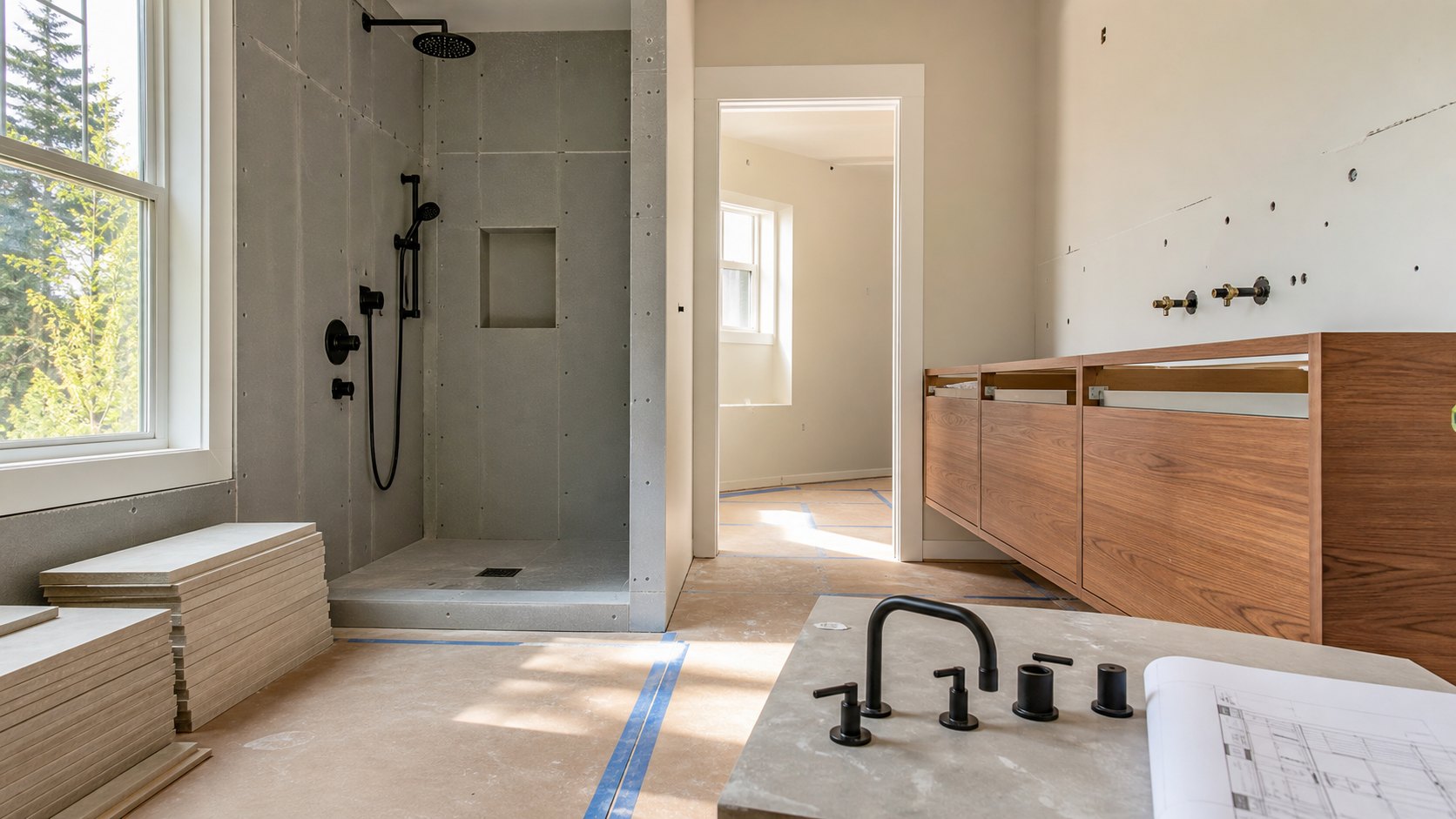 Organized bathroom remodel in progress with shower waterproofing, staged tile, wood vanity, black fixtures, and natural light.