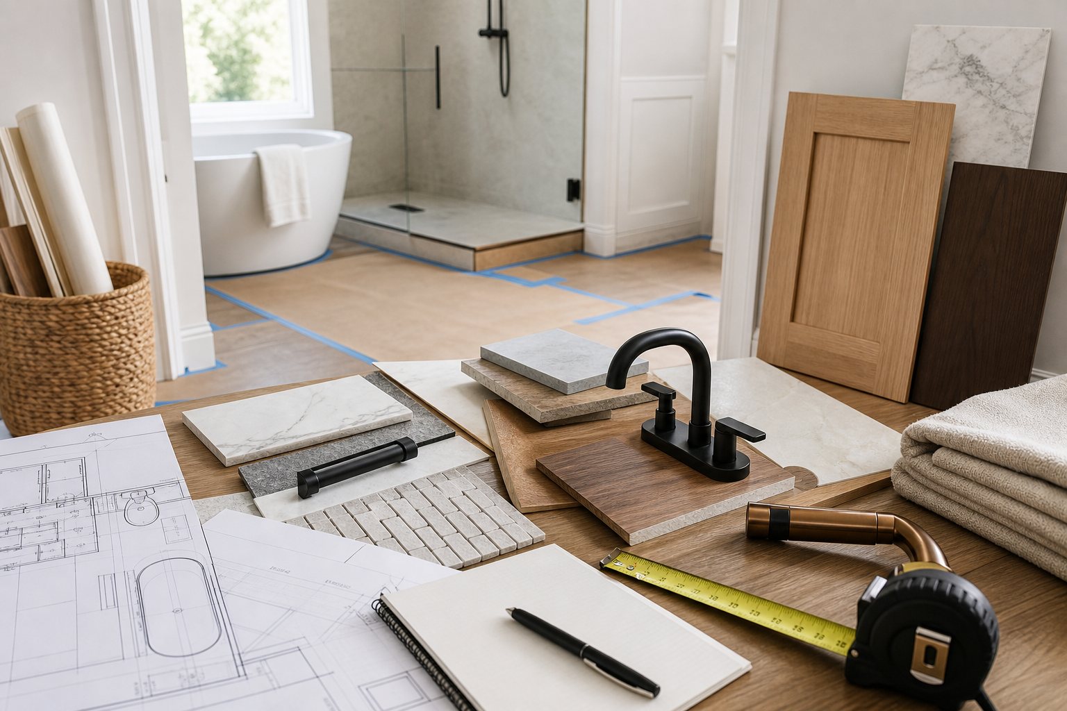 Bathroom remodel preparation with plans, tile samples, fixture finishes, measuring tape, and protected flooring.