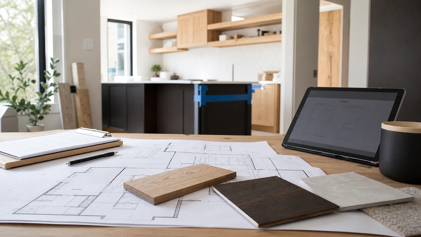 Remodeling plans and finish samples prepared for a scope change discussion