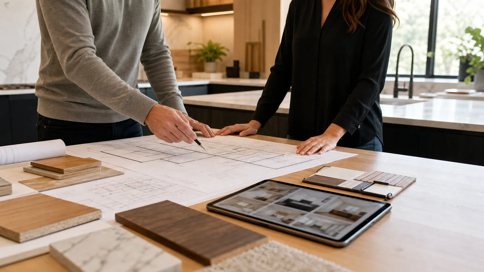 Homeowner and remodeling professional reviewing plans and material samples in a kitchen showroom