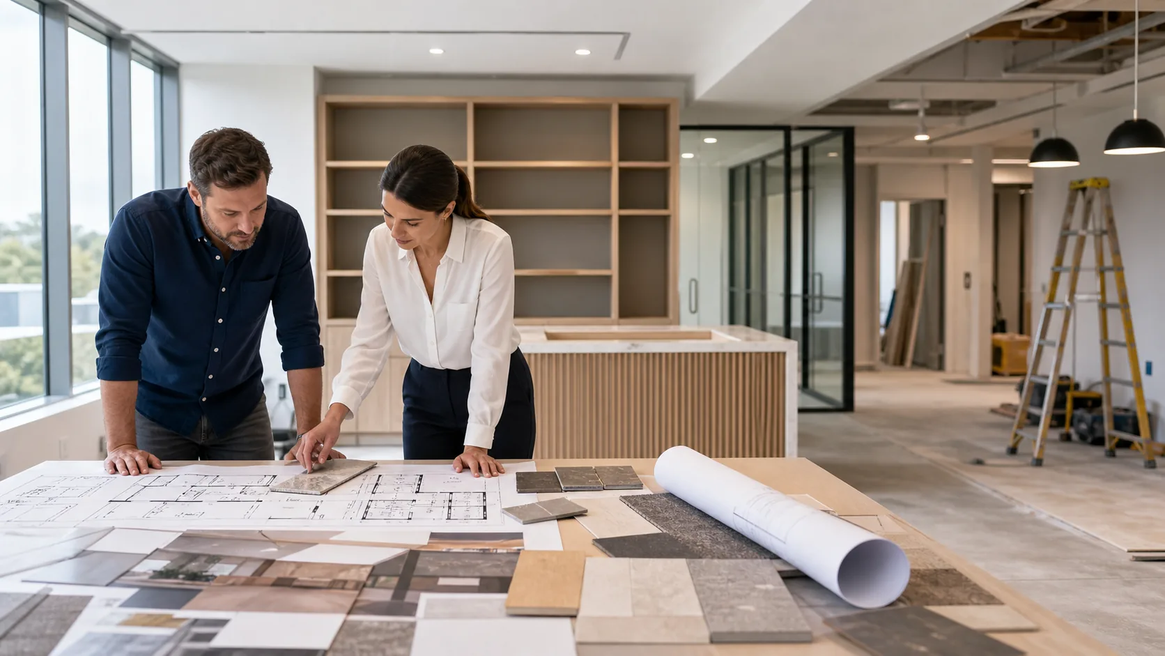 Modern commercial interior under remodeling coordination with plans and material samples.