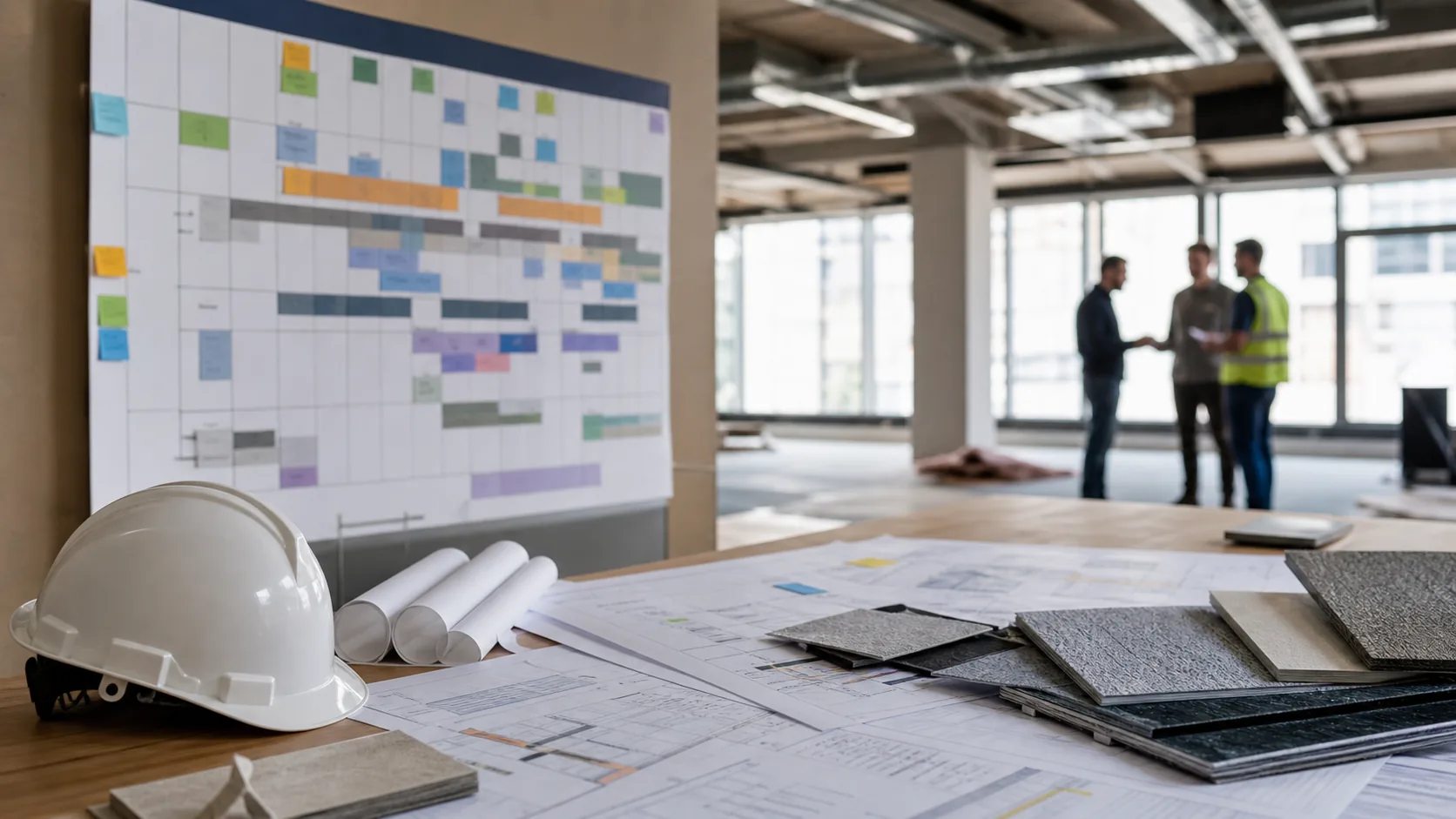 Commercial remodeling schedule planning with timeline, drawings, and construction materials.