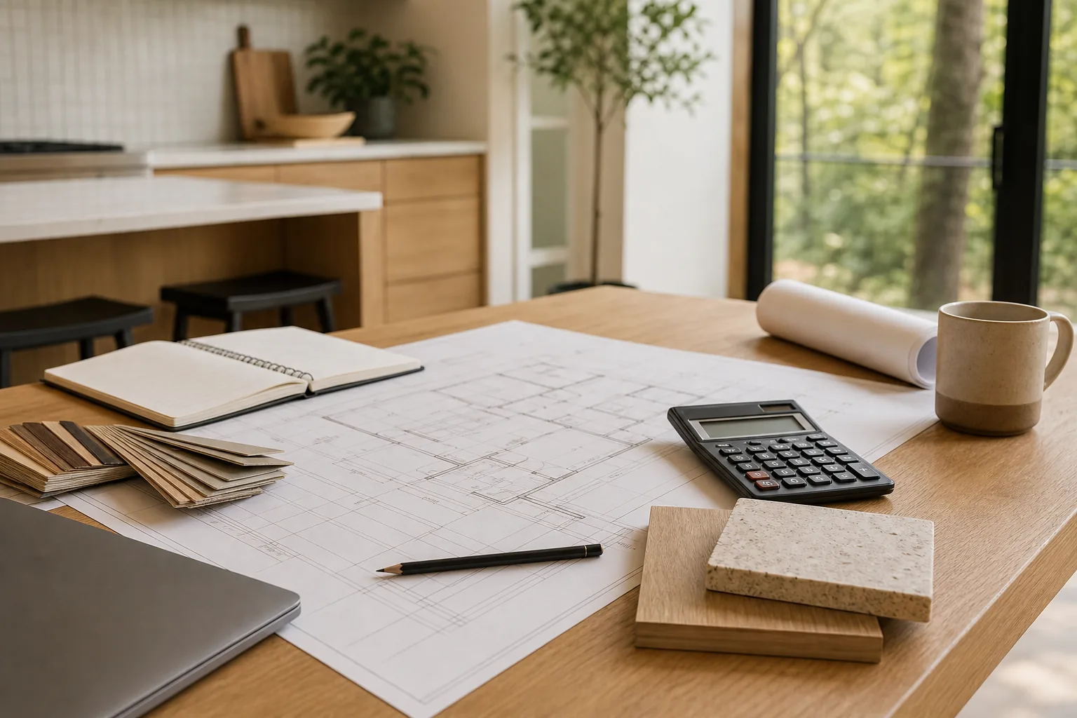 Remodeling budget planning inspiration with drawings, calculator, notebook, material samples, and natural wood finishes.