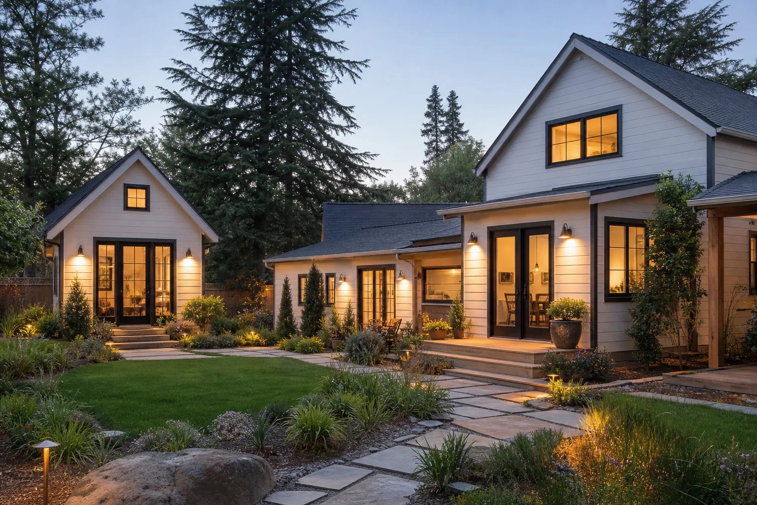 Detached and attached ADU comparison inspiration with a main home, connected living space, and separate backyard cottage.