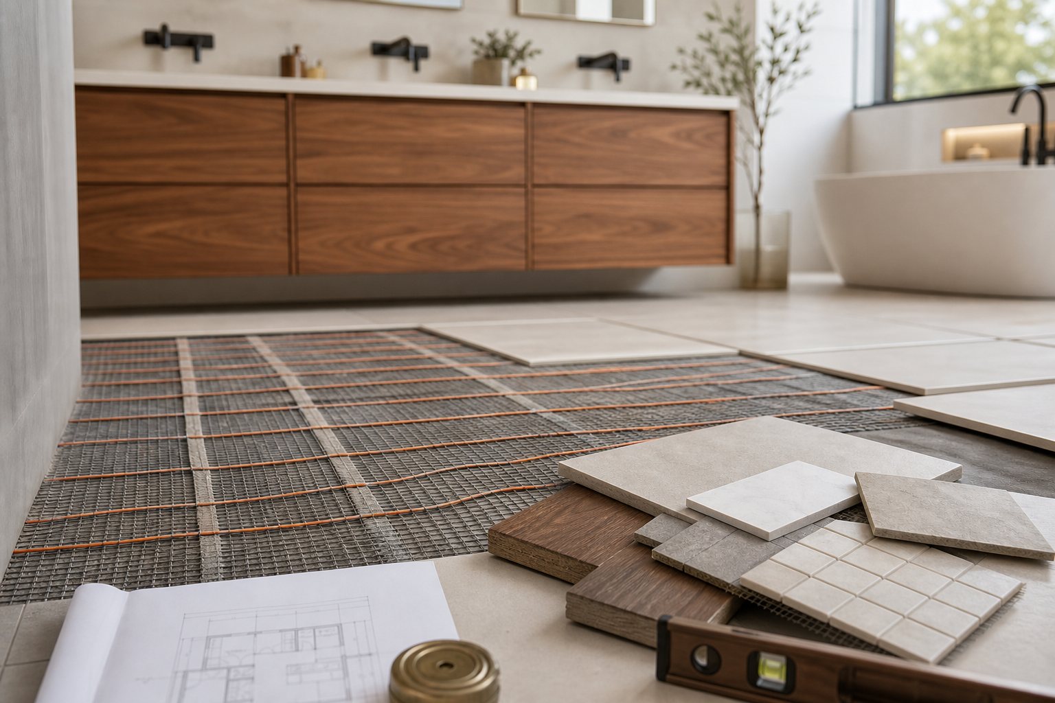 Bathroom remodel planning scene with radiant floor heating mat, tile samples, wood vanity, and natural light.