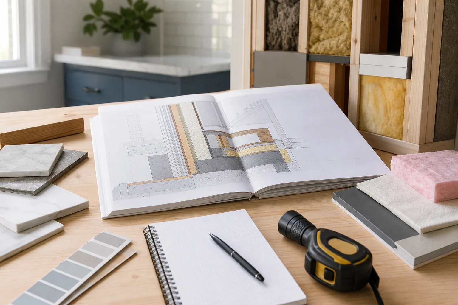 Hidden remodeling cost planning inspiration with wall detail drawing, material samples, tape measure, and construction planning tools.