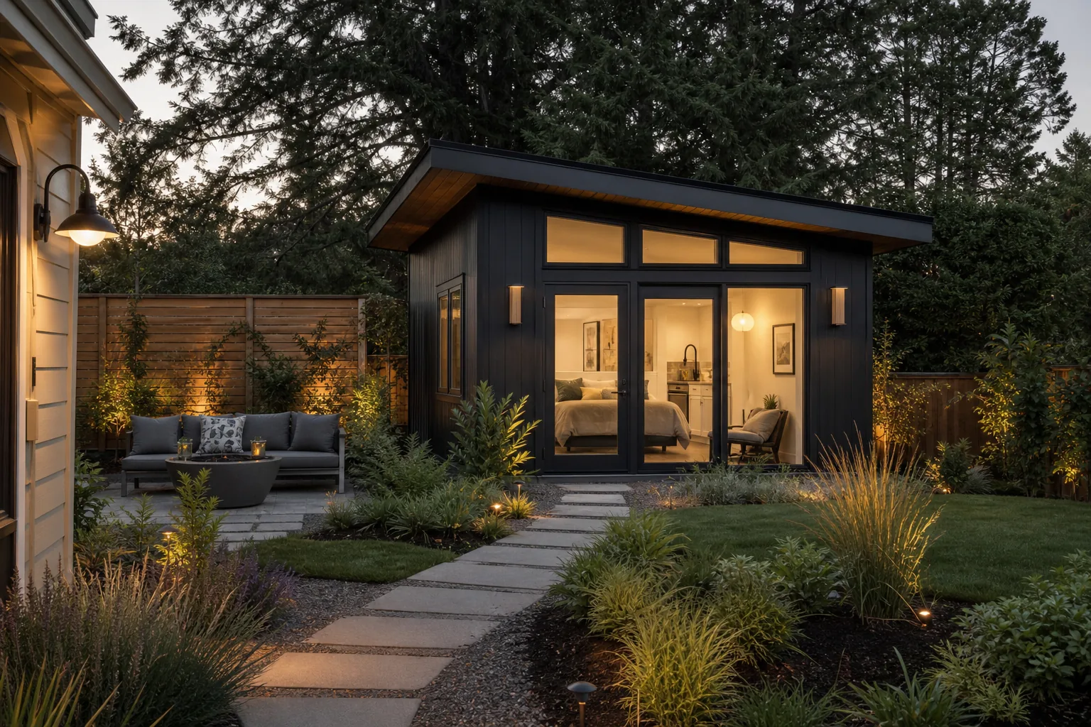 Finished backyard ADU inspiration with warm lighting, landscaped path, patio seating, and Pacific Northwest setting.