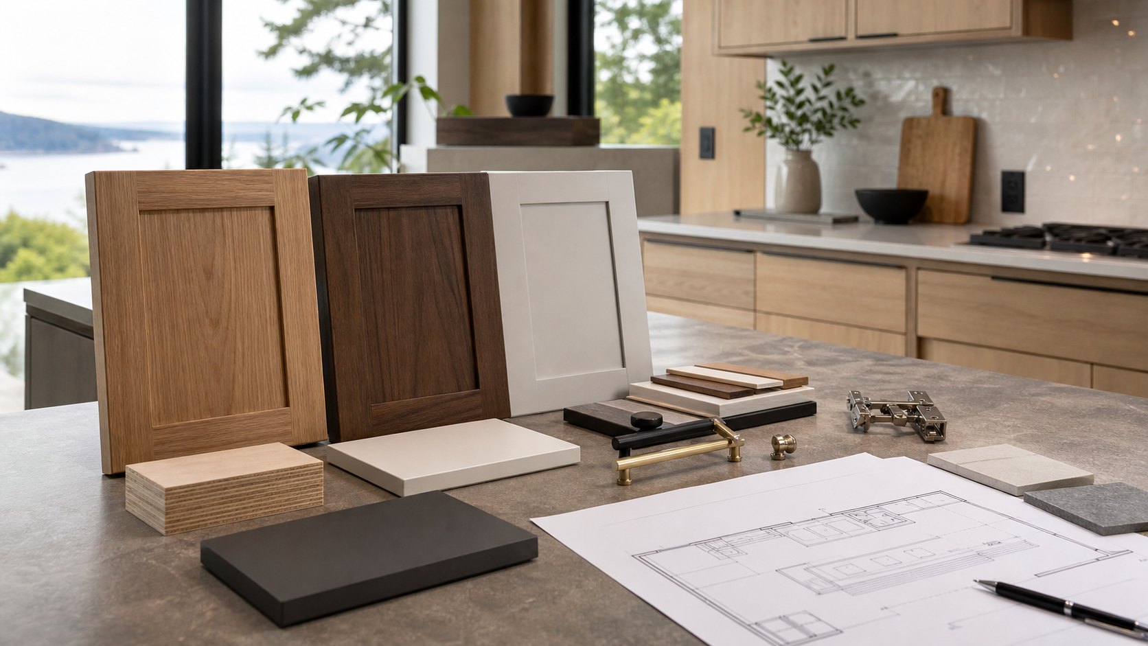 Kitchen cabinet selection materials with painted and stained door samples, wood finishes, hardware, and organized remodel planning documents.
