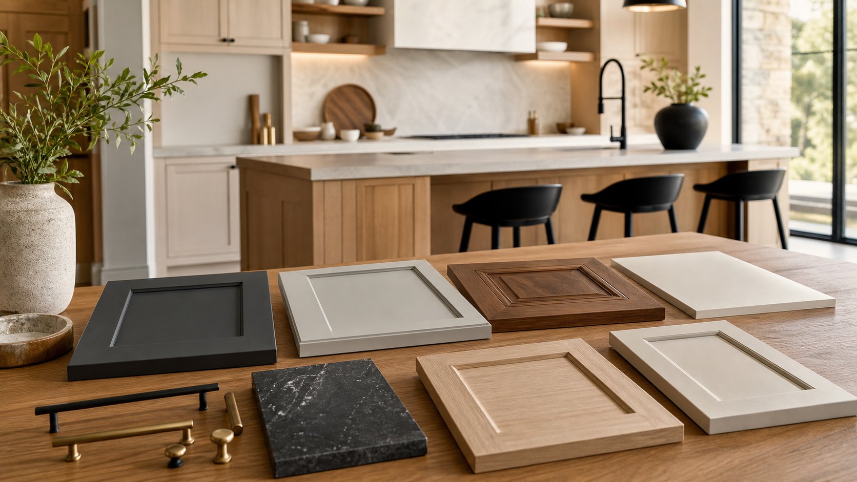 Cabinet door style samples in painted and stained finishes arranged on a wood table in a kitchen design setting.