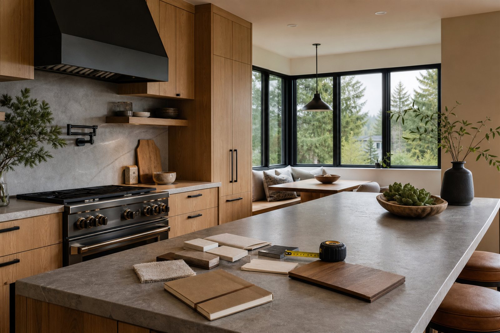 Kitchen remodeling inspiration with warm wood cabinetry and planning materials.