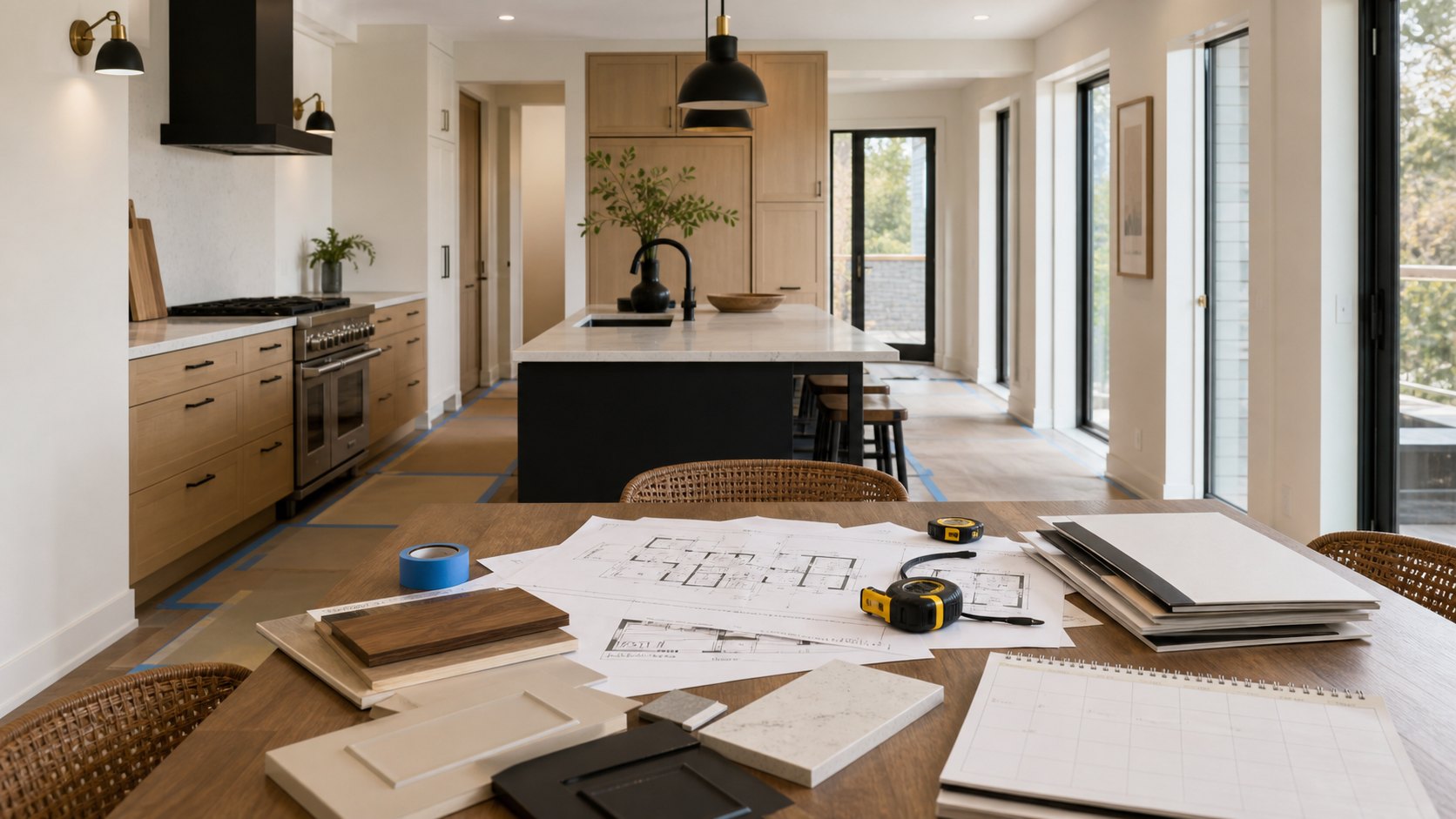 Kitchen remodel preparation materials with plans, samples, measuring tools, and protected flooring in a bright kitchen.