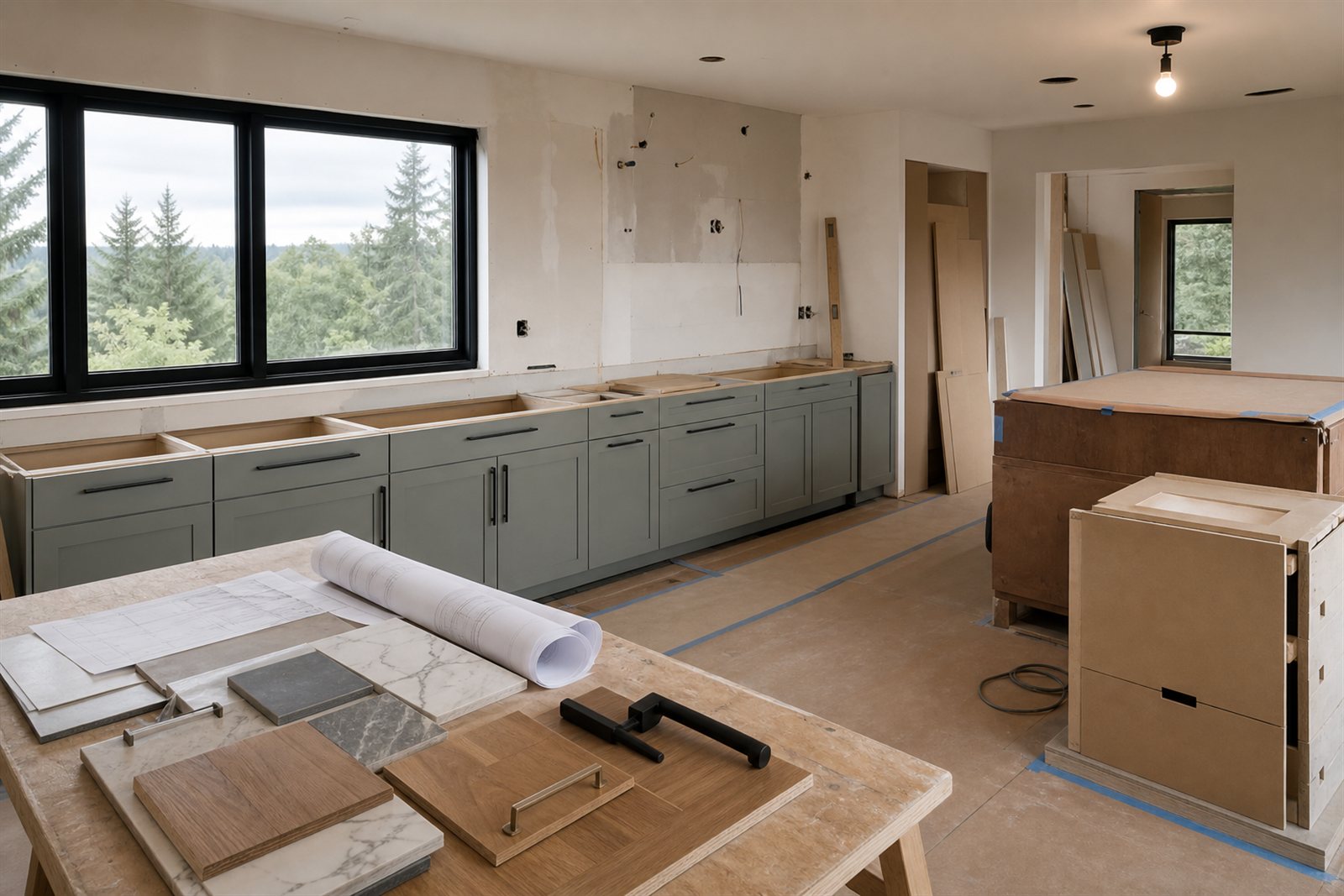 Kitchen remodel in progress with lower cabinets installed, protected floors, planning drawings, and material samples.