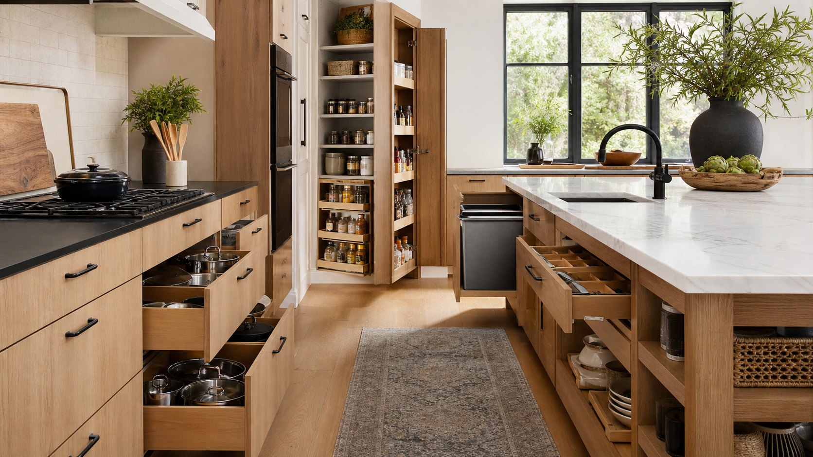 Organized kitchen storage with pull-out pantry shelves, deep drawers, drawer dividers, and island storage.