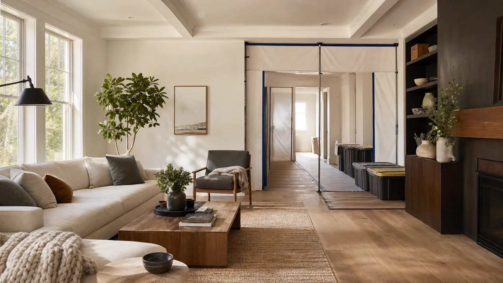 Living during a whole-home remodel inspiration with a clean protected pathway and temporary renovation barrier in a warm modern home.