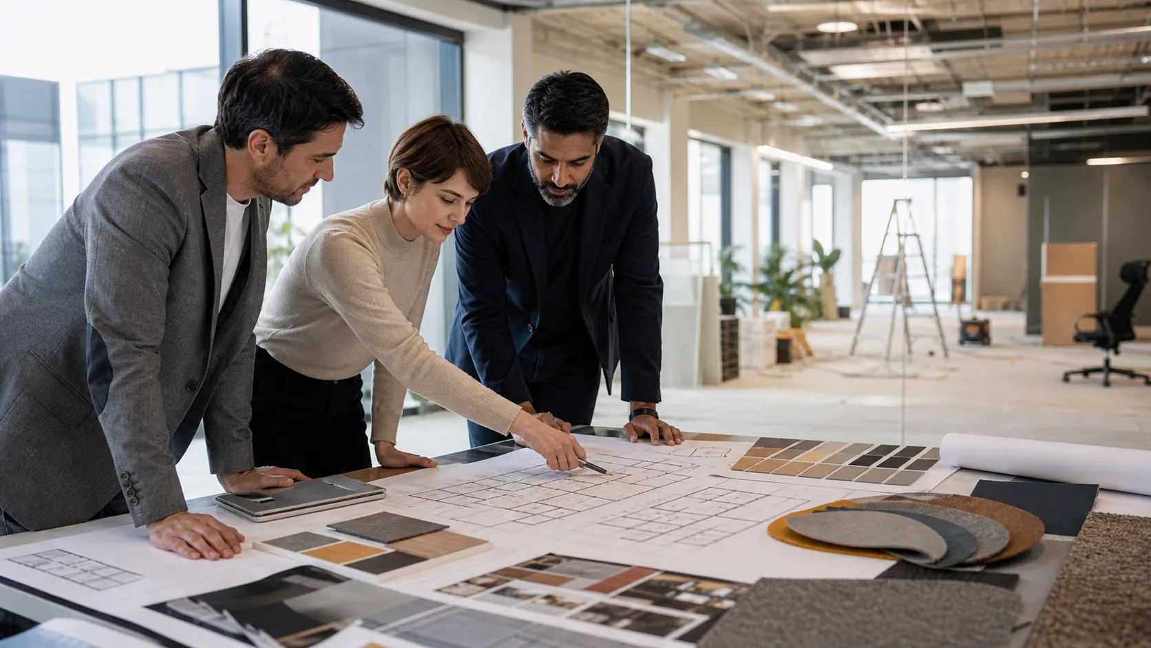 Office renovation planning meeting with drawings, finish samples, and warm architectural materials.