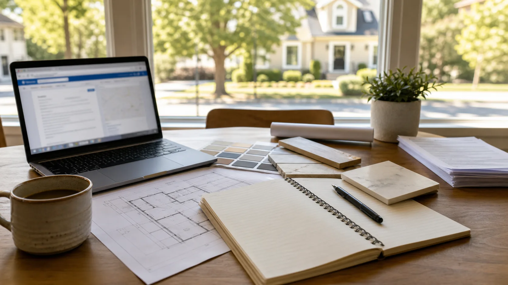 Homeowner permit checklist beside remodeling drawings and material samples.