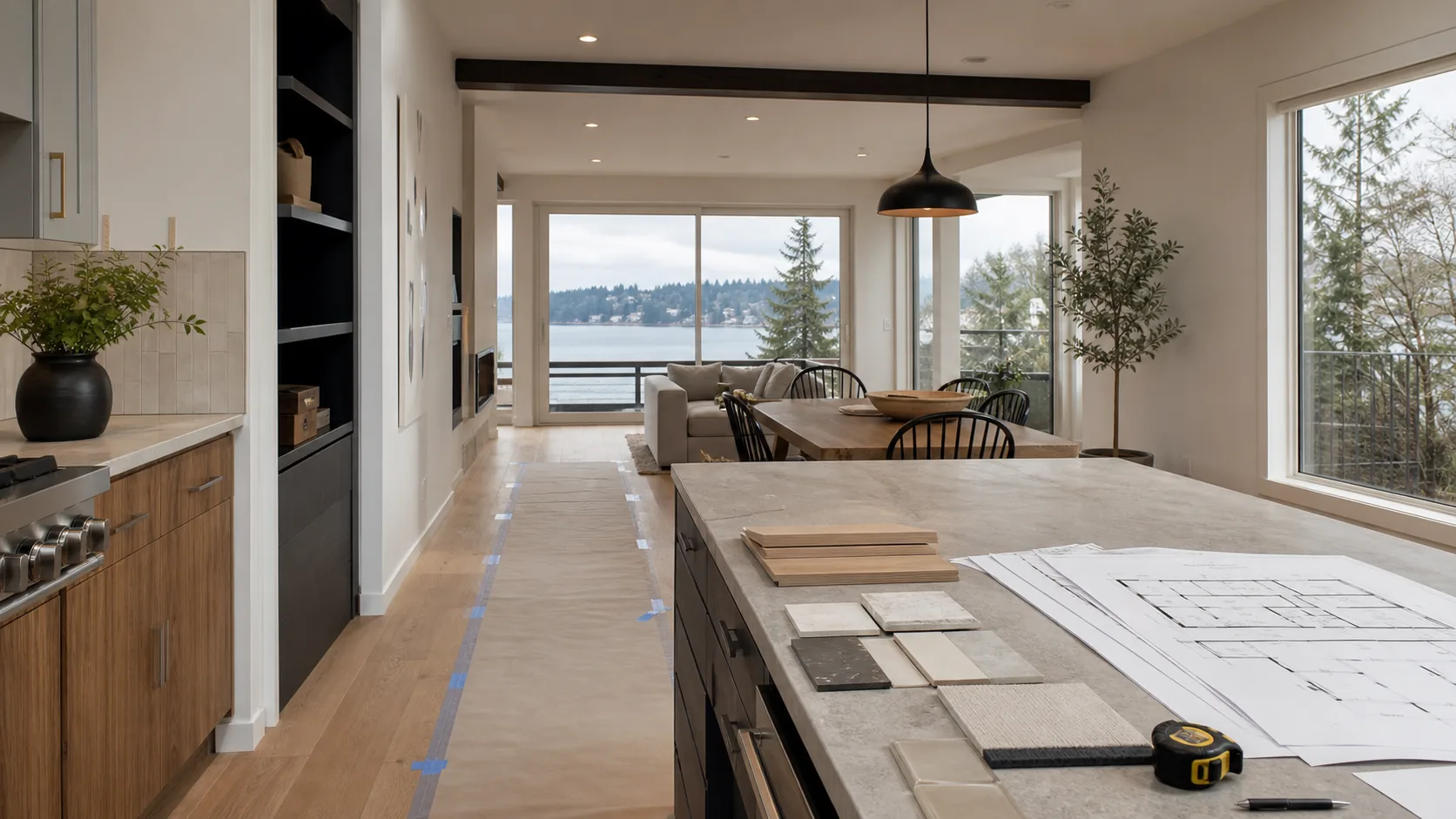 Whole-home renovation planning inspiration with protected floors, material samples, plans, and a bright Pacific Northwest interior.