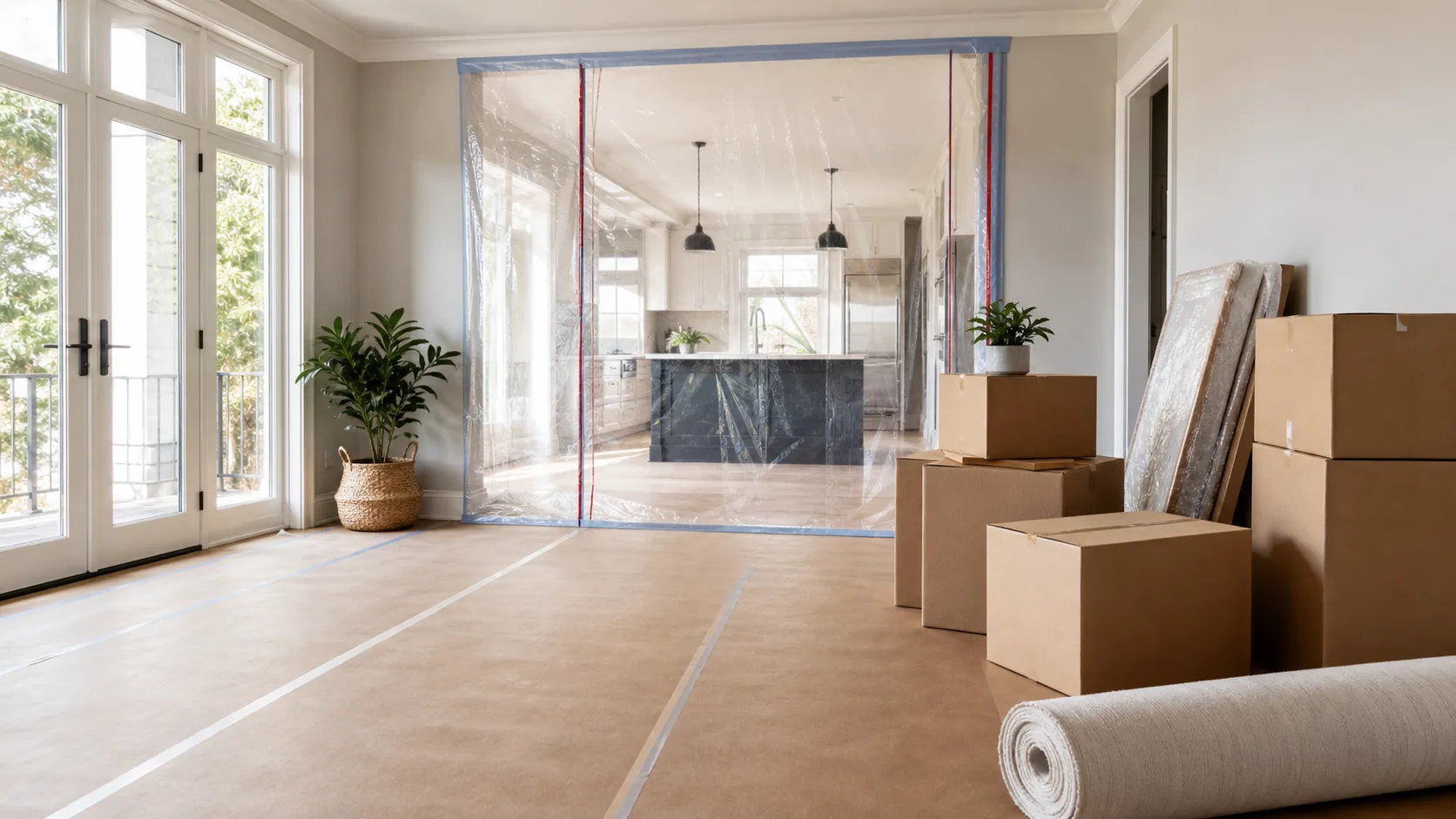 Protected remodel entryway with floor covering and organized construction preparation.