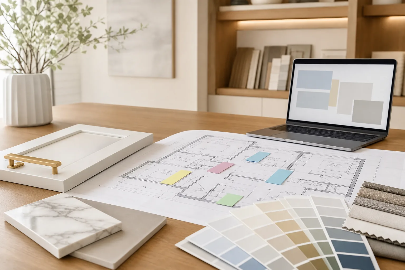 Remodeling project prioritization inspiration with floor plan, color markers, cabinet sample, tile, fabric, and material boards.