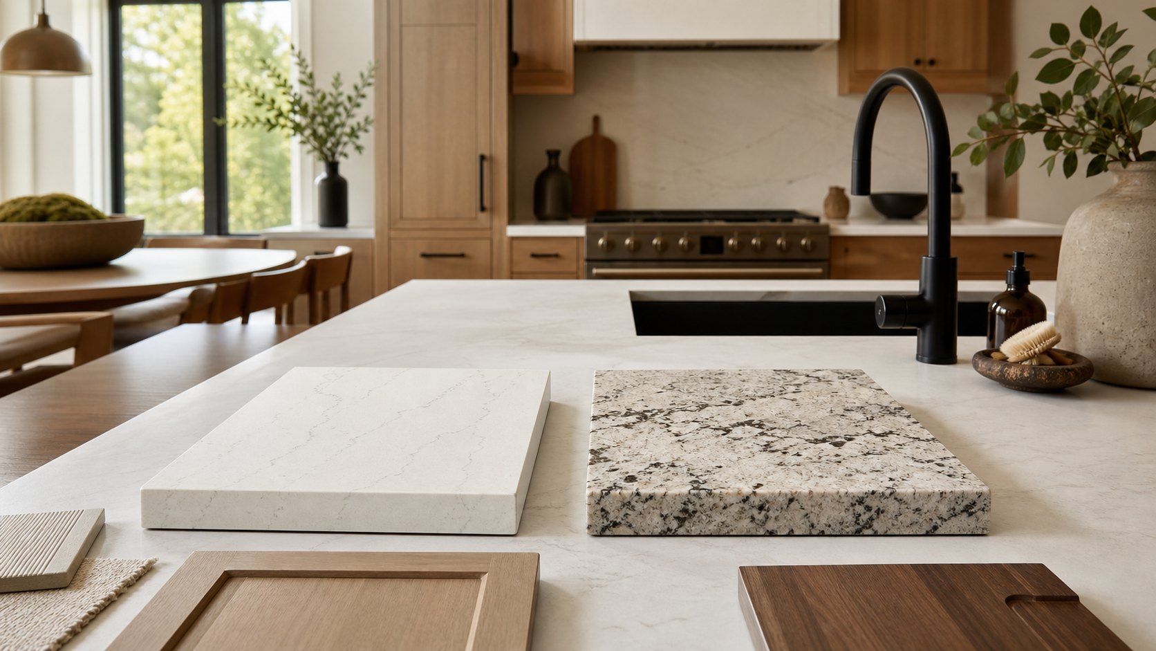 Quartz and granite countertop samples displayed on a kitchen island with warm wood cabinetry and natural light.