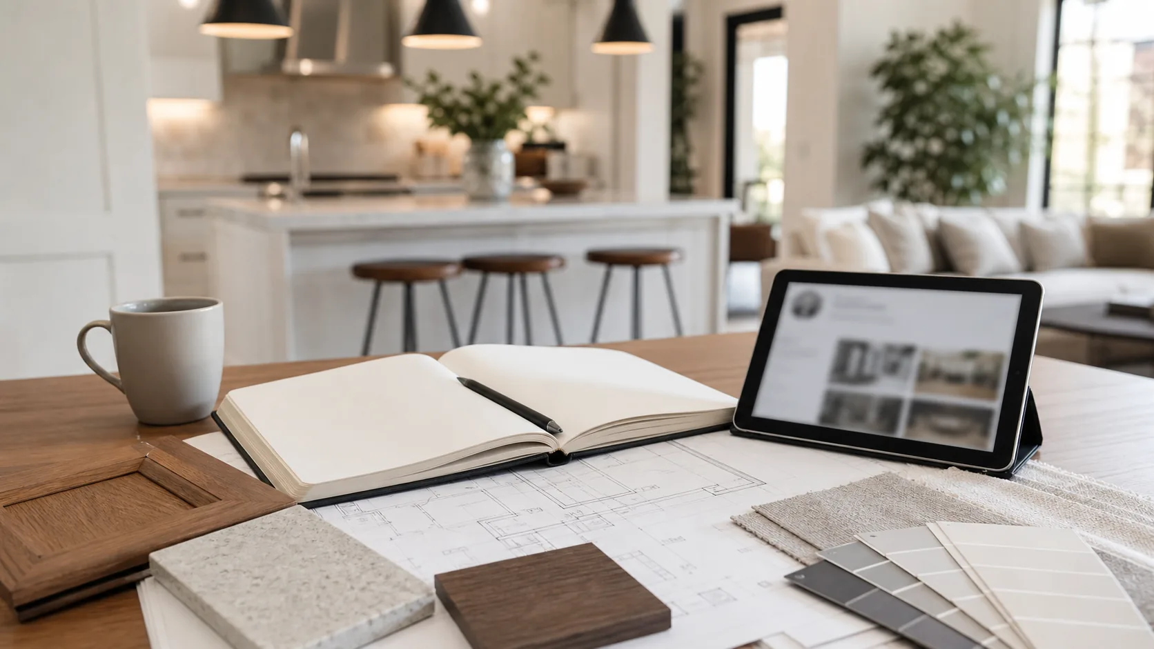Notebook, plans, tablet, and material samples prepared for contractor questions