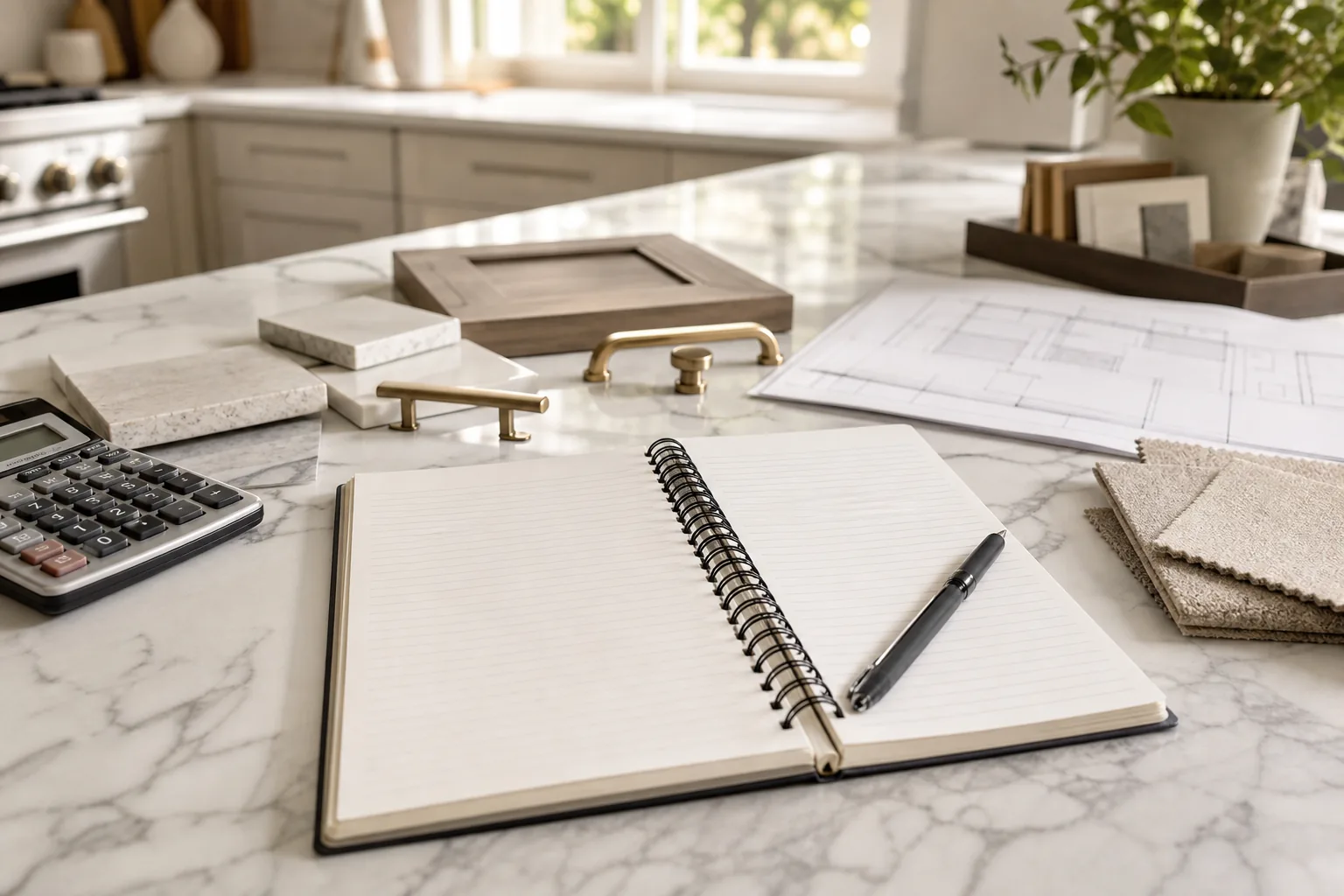 Remodeling budget checklist inspiration with notebook, calculator, architectural drawings, cabinet hardware, and material samples.