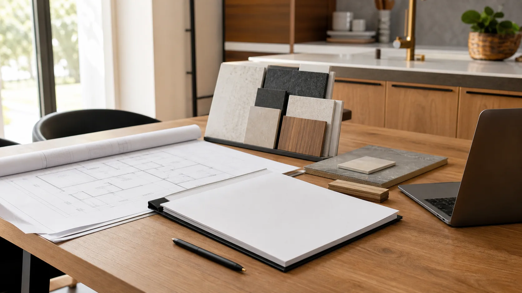Remodeling contract packet, plans, pen, and material samples on a wood table