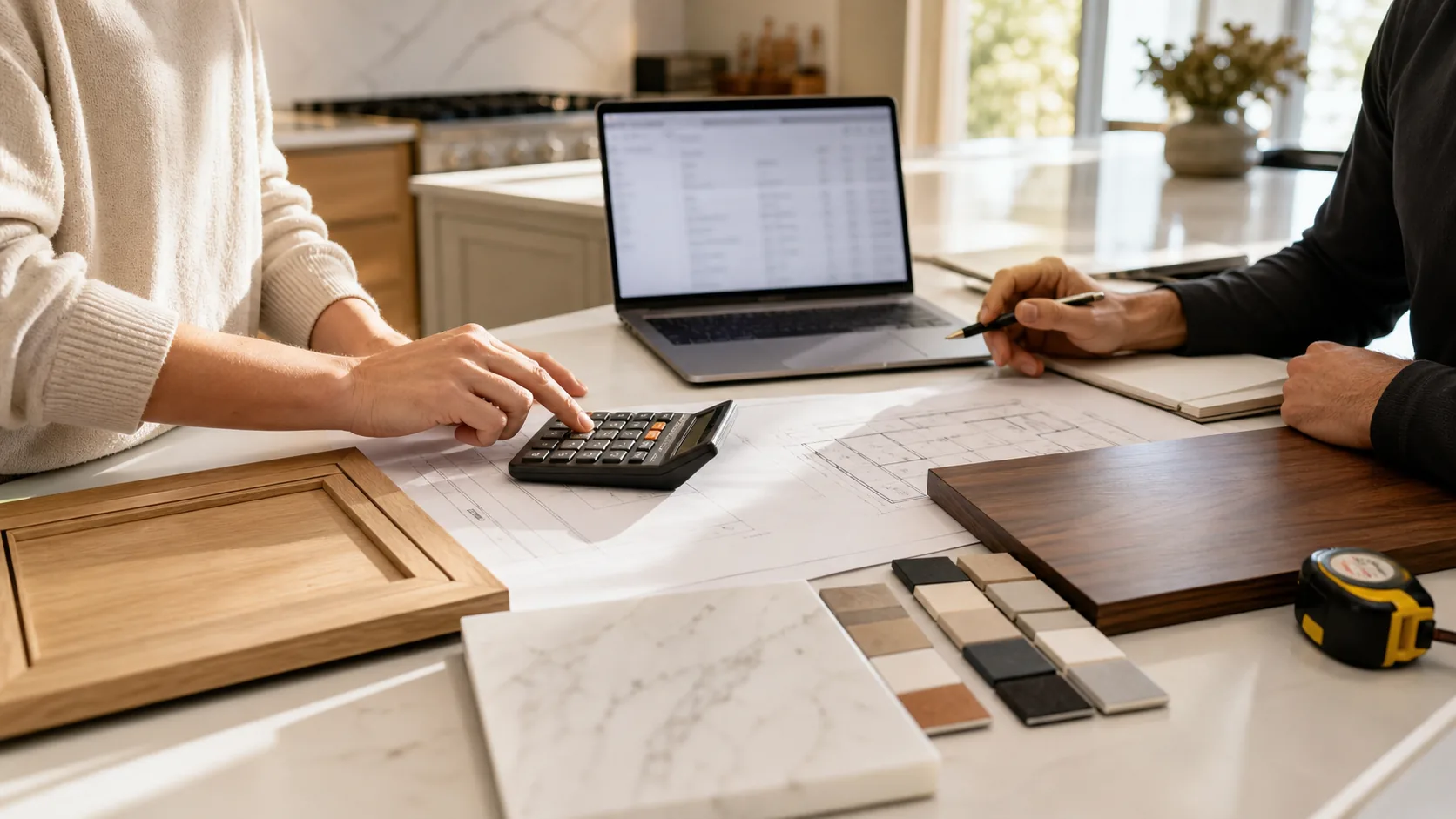 Remodeling estimate review with plans, calculator, laptop, and material samples