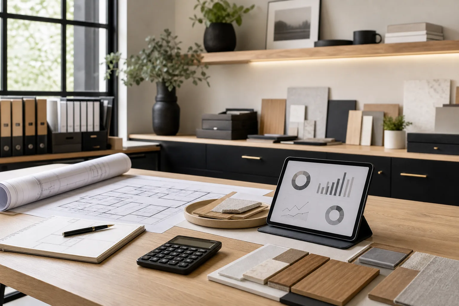 Remodeling financing planning inspiration with plans, calculator, tablet charts, organized folders, and material samples.