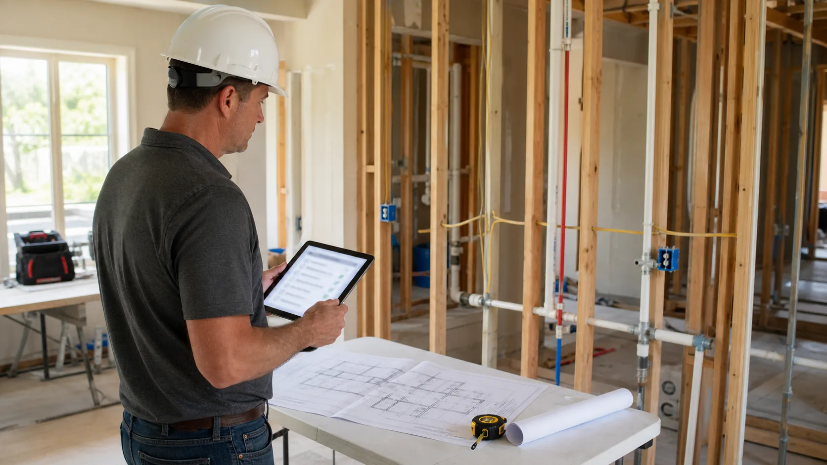 Construction inspection preparation with open framing and organized plans.