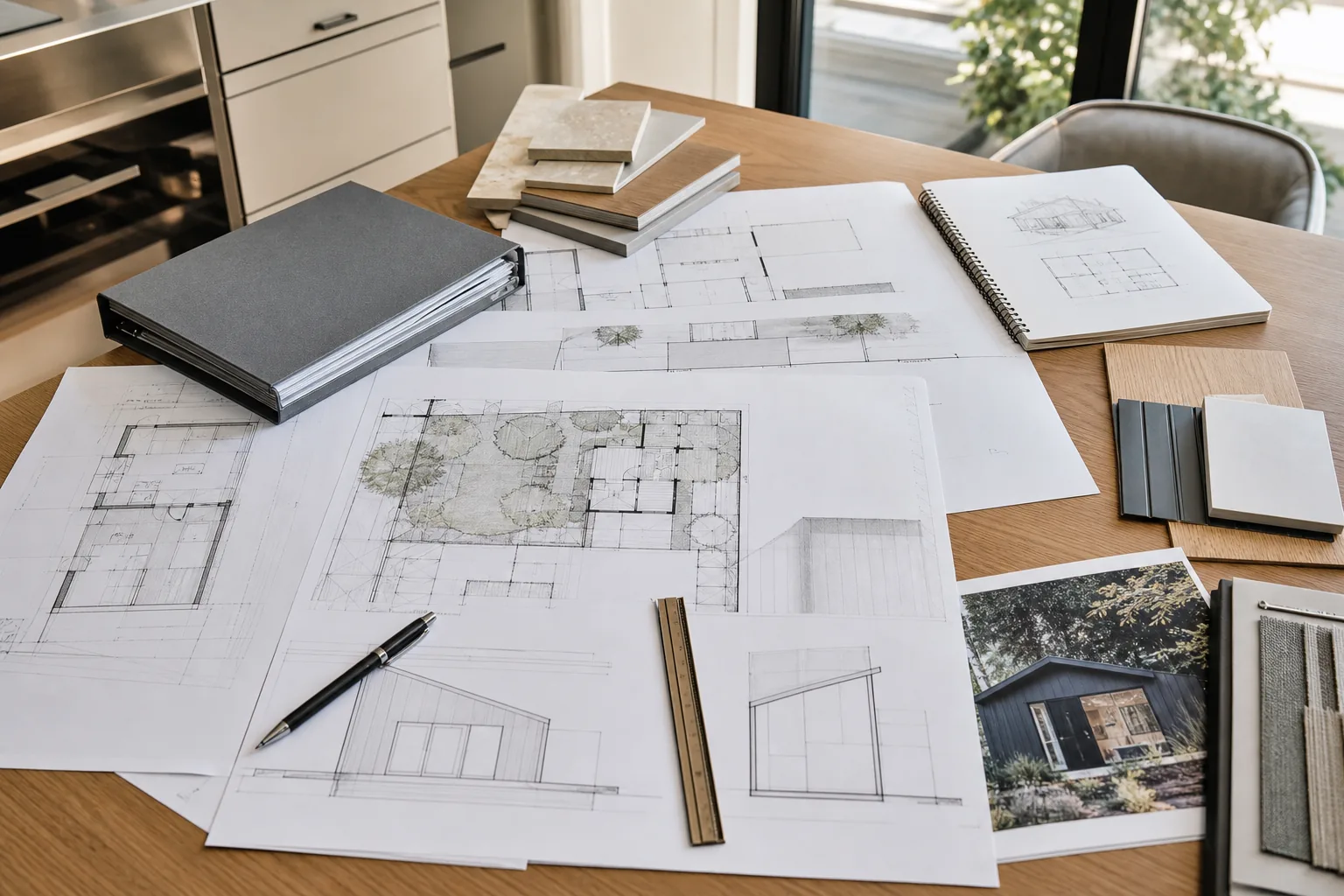 Seattle ADU permit planning inspiration with drawings, site plans, material samples, and project documents.