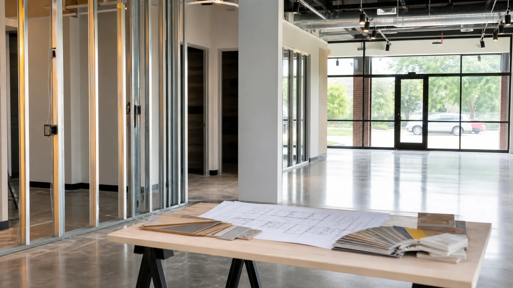 Tenant improvement project planning with commercial drawings and finish samples.
