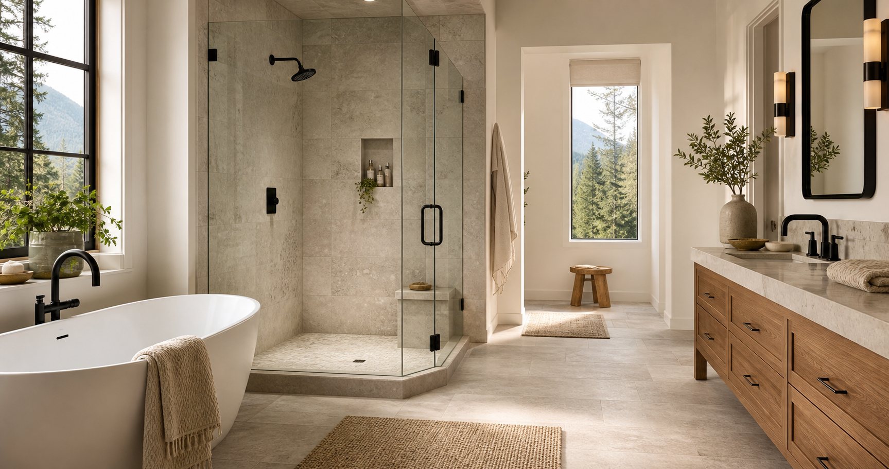 Bathroom remodeling inspiration with a walk-in shower, freestanding bathtub, wood vanity, stone tile, and natural light.