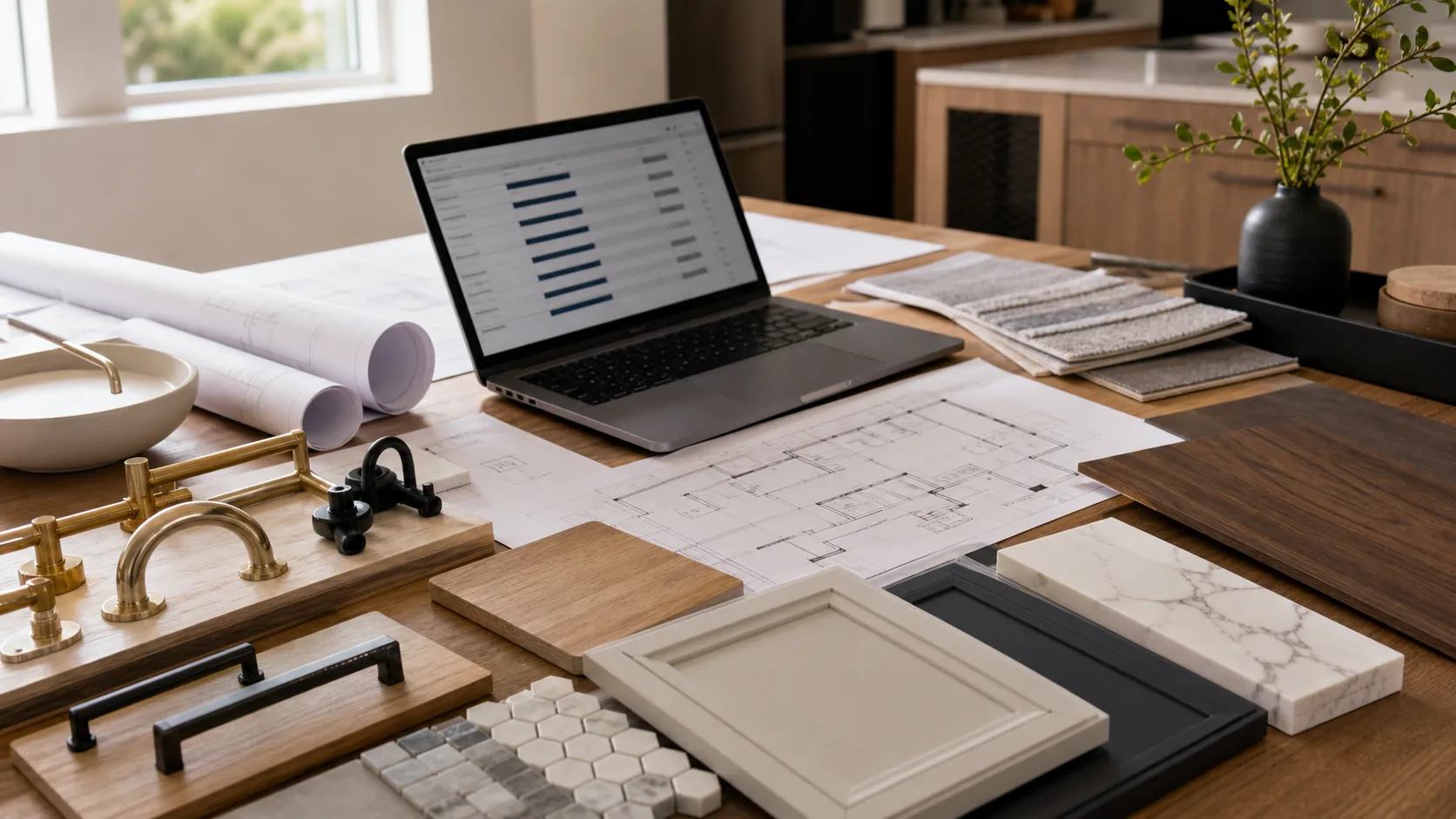 Whole-home remodeling cost planning inspiration with plans, finish samples, hardware, fixtures, and a budgeting laptop.