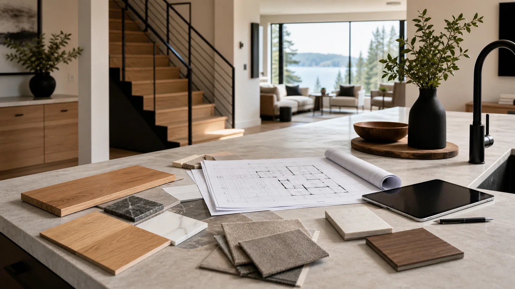 Whole-home remodeling planning inspiration with architectural plans and warm modern materials in a Pacific Northwest home.