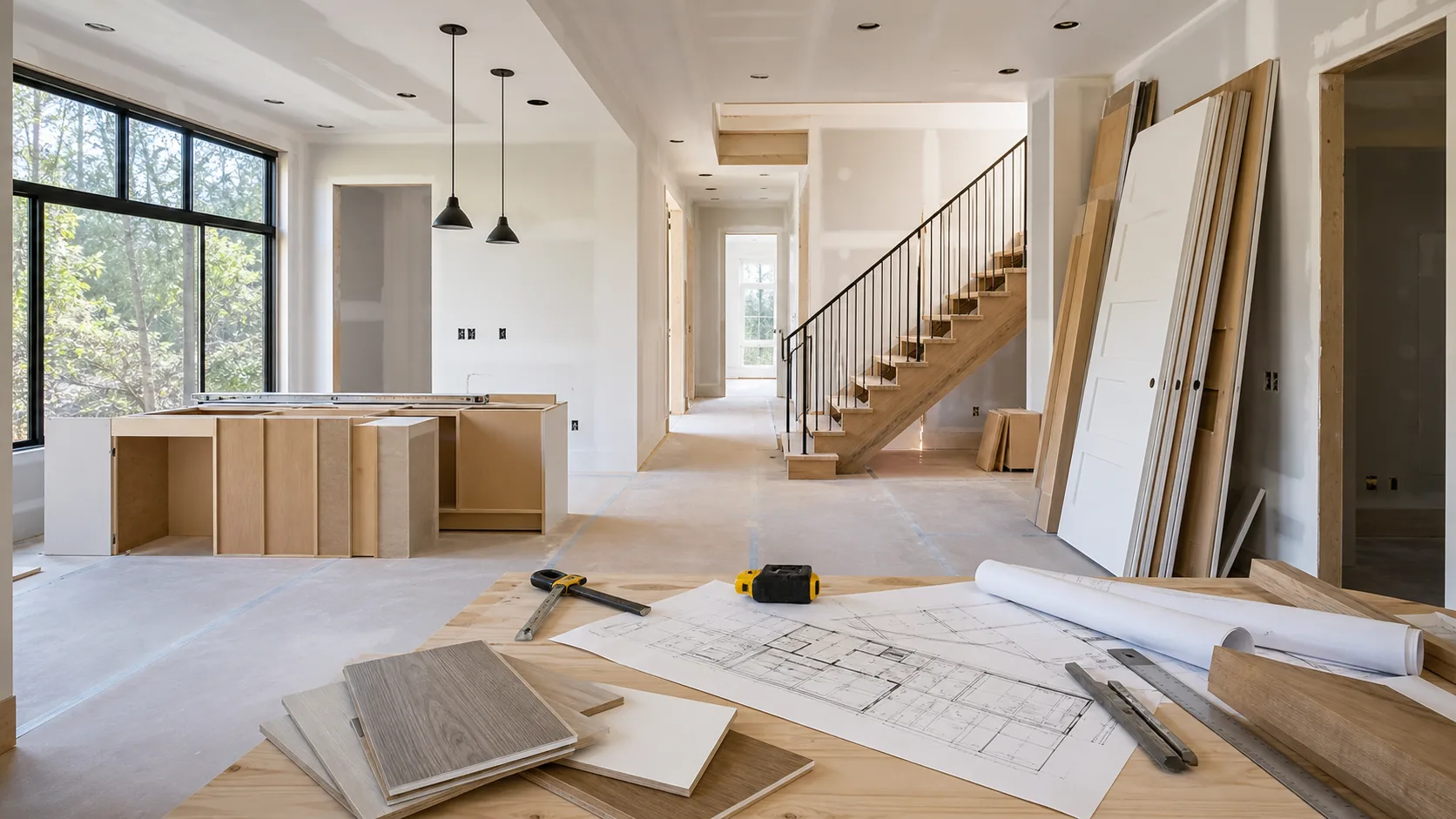 Whole-home remodeling timeline inspiration with protected floors, drywall, plans, and organized construction materials.