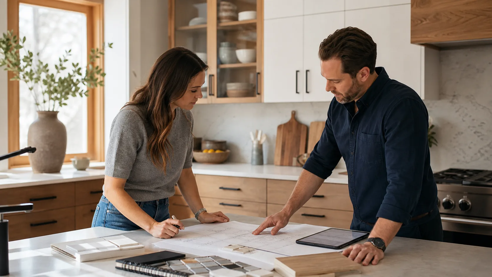 Homeowner and remodeling professional reviewing plans in a bright kitchen