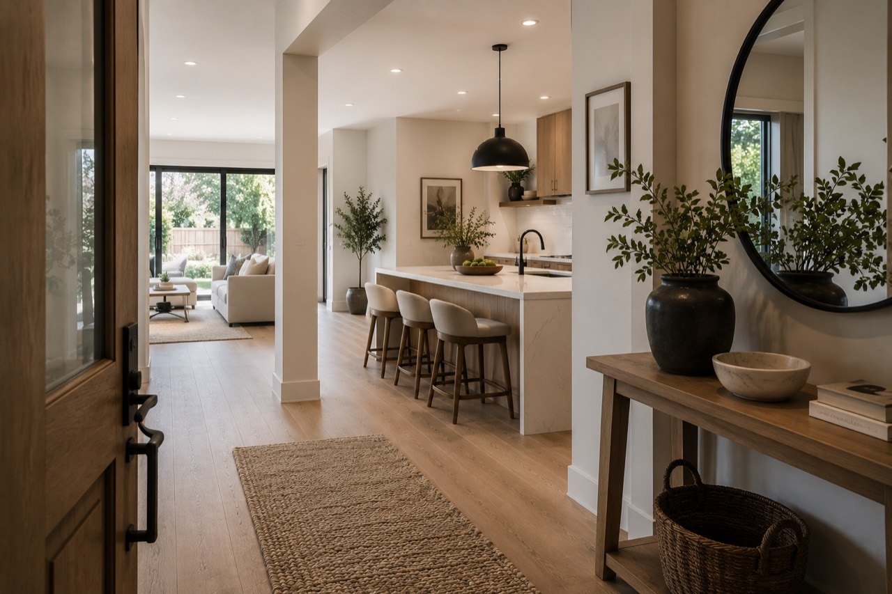Warm entry and kitchen inspiration for a remodeling contact page