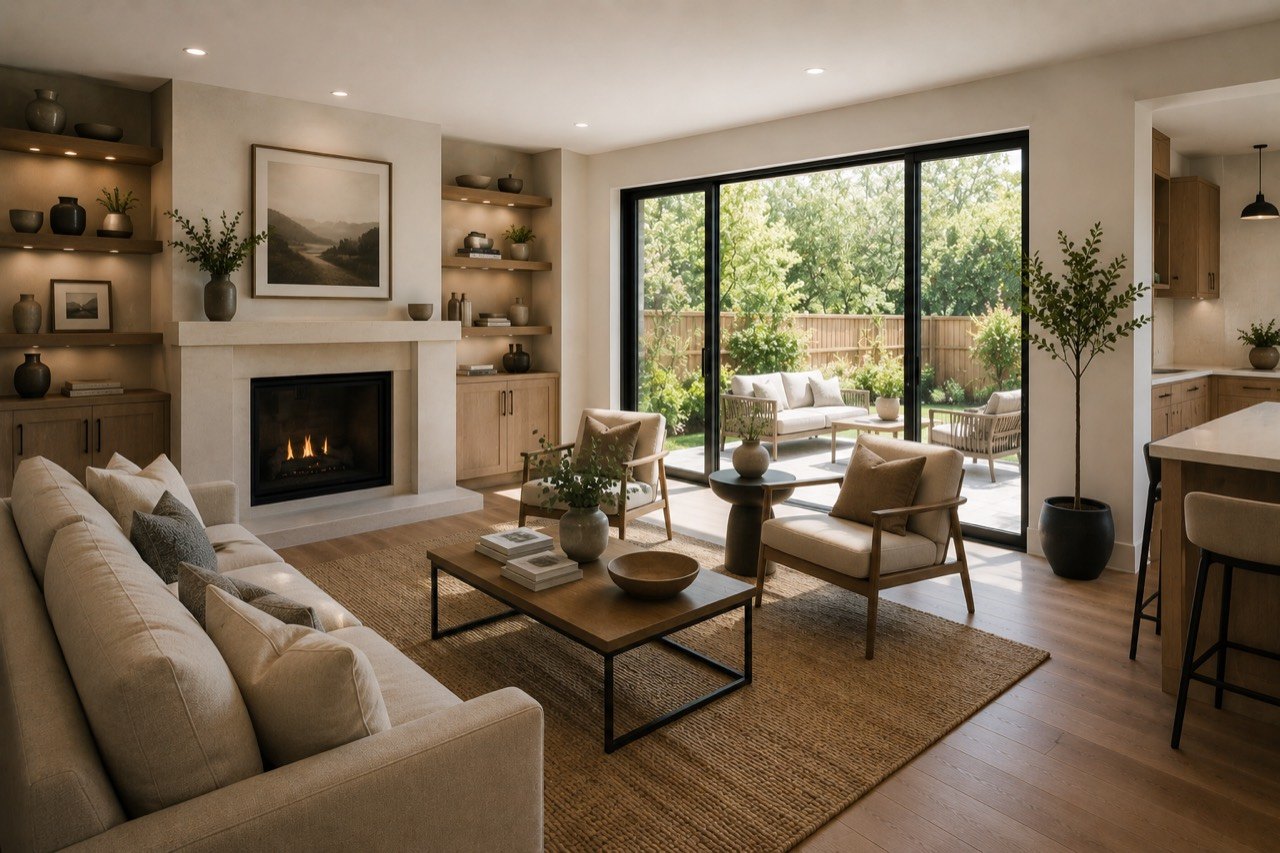 Living room remodel inspiration with warm wood, fireplace, and large patio doors